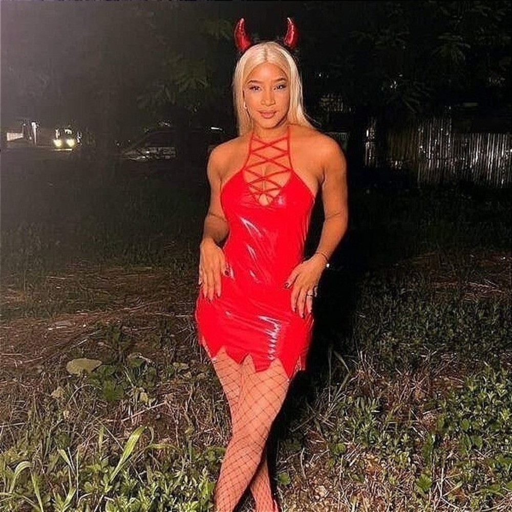 New Small Red Devil Halloween Costume Halter Dress Horns Fishnets Vegan Lace Up
